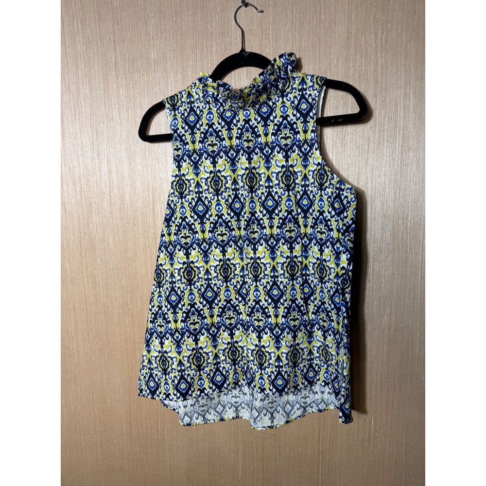 Tyler Boe Small Blue Yellow Ikat Damask High Neck Ruffle Blouse Top